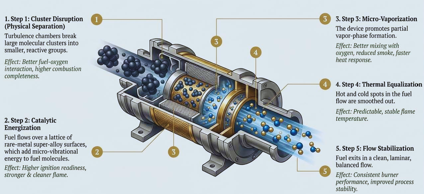 Cutaway of the device showing the five stages of fuel conditioning